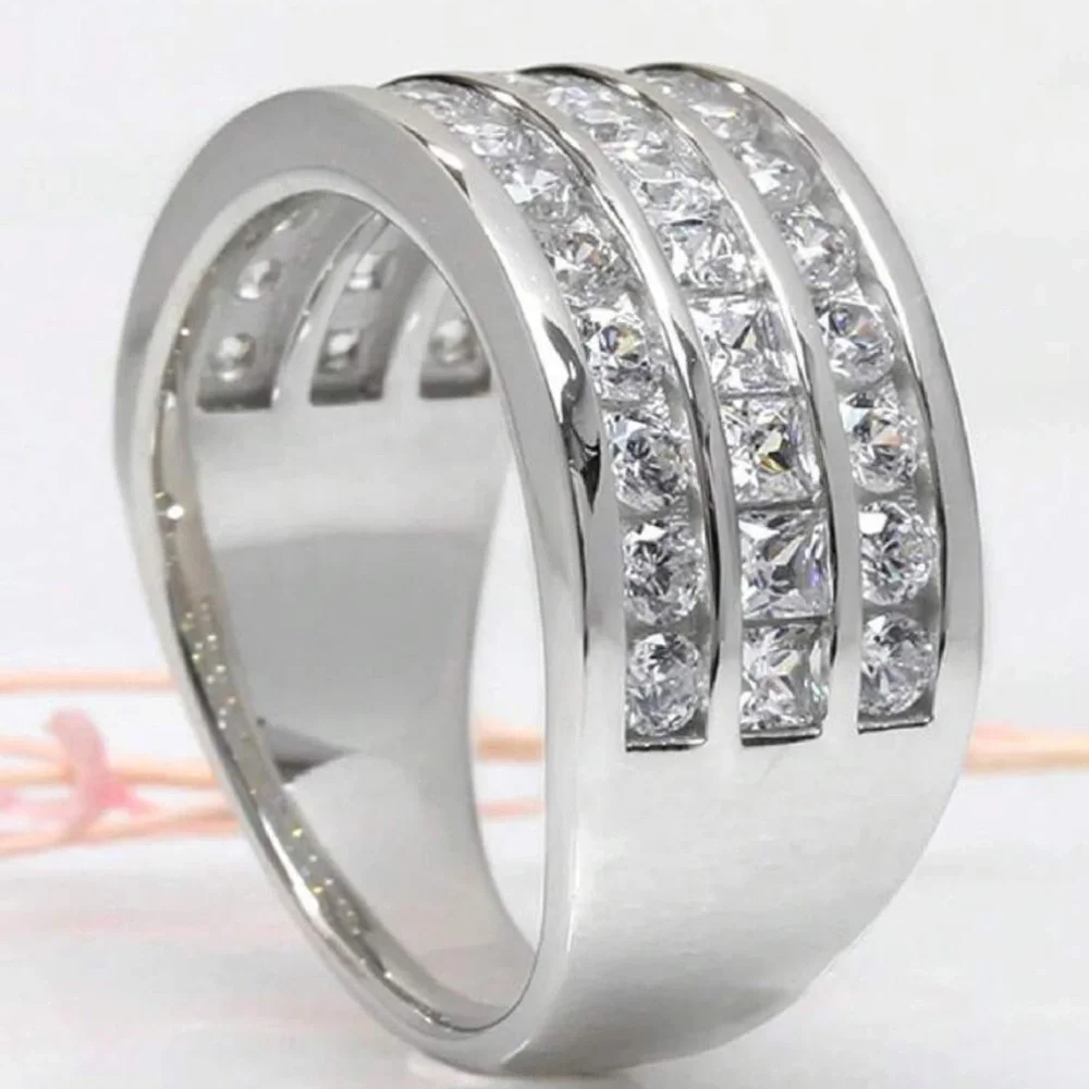 Sterling Silver Luxury High-end Women's Wedding Ring, Geometric Ring CZ Stones.